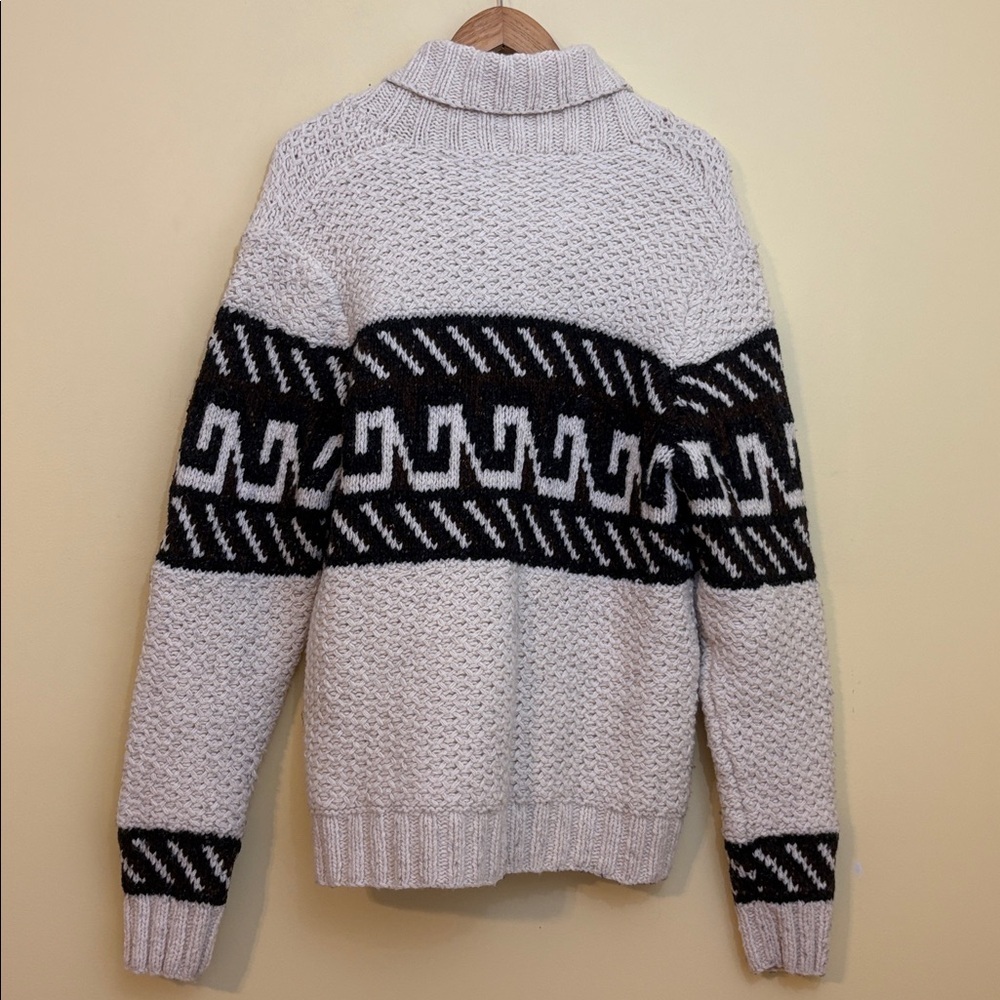 Vince | Cream Black Chunky Knit Shawl Fisherman Grandpa Wool Blend Cardigan L - Picture 14 of 17